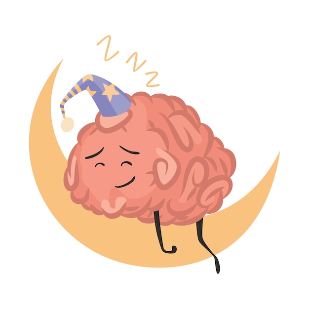 Emoción de carácter cerebral Emoji de inteligencia duerme en la ilustración de la luna Emoji de cerebro de héroe lindo aislado sobre fondo blanco Emoticono de dibujos animados divertido