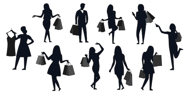 Emoción de compras de chicas de moda con conceptos de bolsas de compras Vectores Colecciones de siluetas