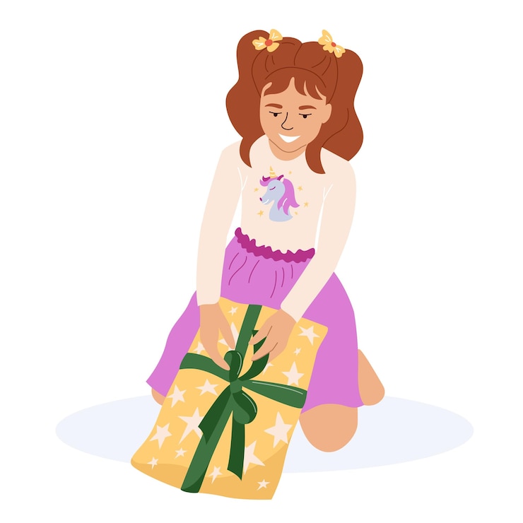 Vector emocionada niña linda desenvolviendo caja de regalo regalo de vacaciones o cumpleaños personaje de dibujos animados vectoriales