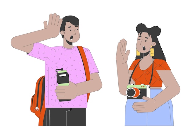 Una emocionada pareja de raza mixta viajando para hacer turismo personajes de dibujos animados lineales en 2D
