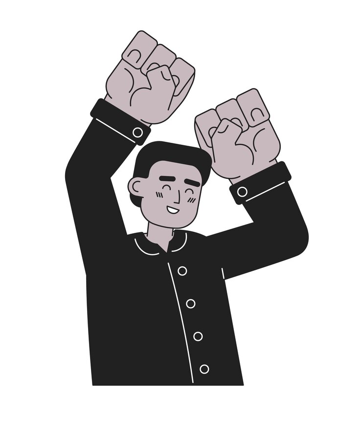 Vector emocionado joven personaje monocromático de vector plano levantando las manos diversión y relajación mostrar emociones editable línea delgada persona de medio cuerpo en blanco imagen simple de dibujos animados bw para diseño gráfico web