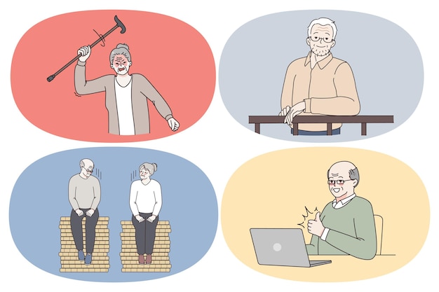 Emociones del concepto de pensionistas de personas mayores. Conjunto de abuelos de personas maduras que se sienten furiosos saludando con el club sonriendo teniendo malentendidos en pareja y aprendiendo ilustraciones de vectores portátiles