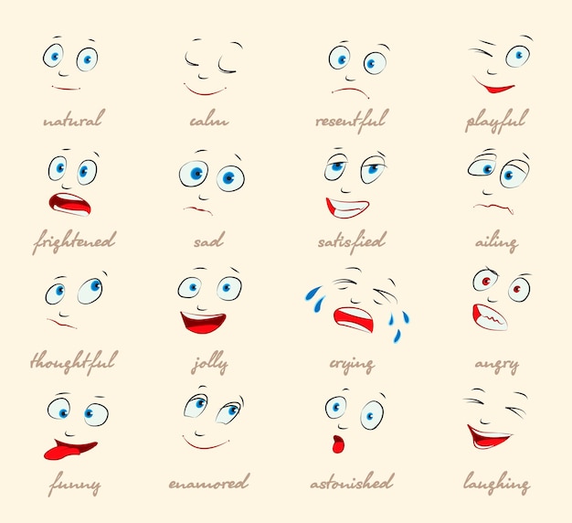 Vector emociones conjunto de expresiones faciales de dibujos animados. (natural, tranquilo, resentido, juguetón, asustado, triste, satisfecho, enfermo, pensativo, alegre, llorando, enojado, divertido, enamorado, asombrado, riendo)