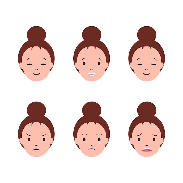 Emociones de dibujos animados de mujer o niña expresión facial para ilustración