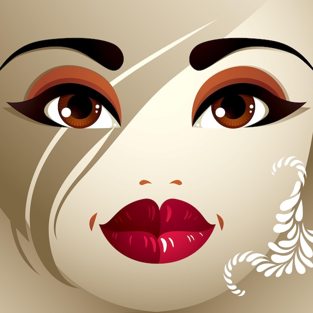 Emociones faciales de una mujer joven y bonita con un corte de pelo moderno. Rostro de dama coqueta, expresivos ojos humanos, labios y mechones.