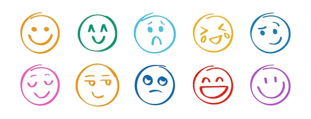 Emociones humanas con sonrisas dibujadas a mano Con caras divertidas dibujadas a mano Colección abstracta Expresión linda Comunicación cómica enojada o triste