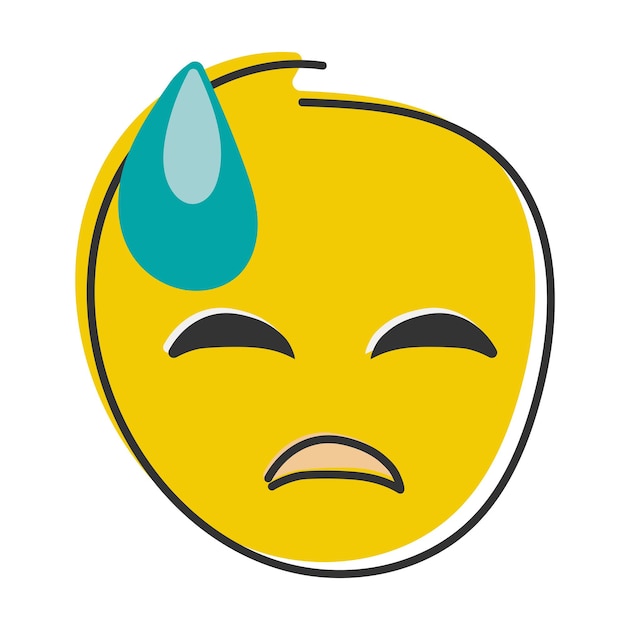 Emoji abatido con sudor frío Emoticon de cara amarilla triste con los ojos cerrados Emoticon de estilo plano dibujado a mano