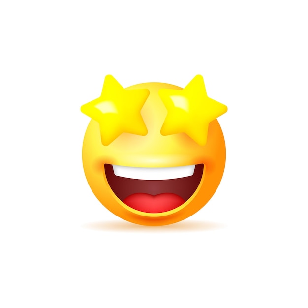 Vector emoji amarillo sonriente con estrellas en los ojos aislado sobre fondo blanco.