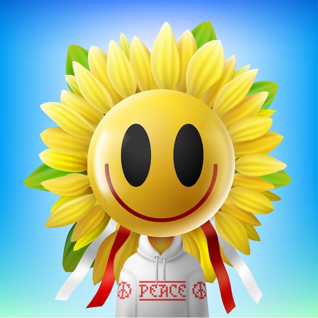 Emoji de amor y paz. Cara sonriente amarilla con peinado de girasol. Emoticono divertido al estilo de dibujos animados