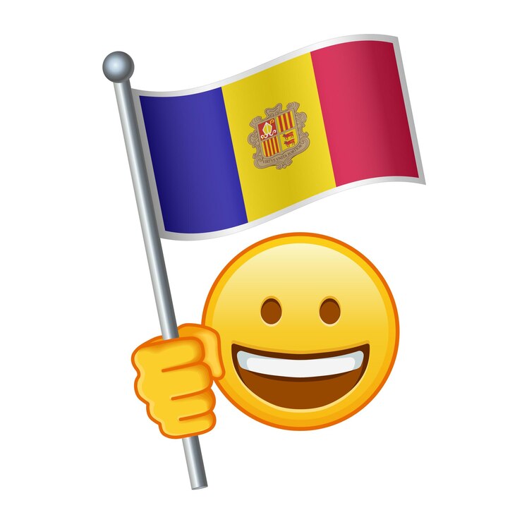 Emoji con la bandera de Andorra El tamaño grande del emoji amarillo sonríe