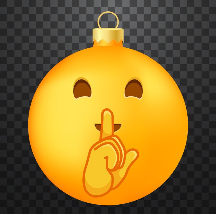 Vector emoji bola de árbol de navidad o juguete con el dedo índice en la cara de los labios