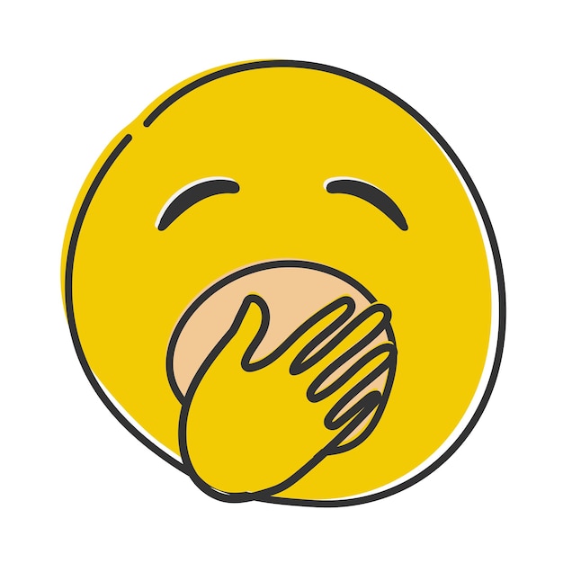 Emoji bostezo Emoticono aburrido o somnoliento cara de aburrimiento amarillo con la boca cubierta a mano Emoticono de estilo plano dibujado a mano