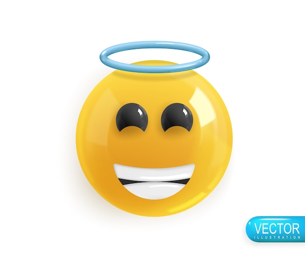 Vector emoji cara de ángel feliz diseño 3d realista emoticon color amarillo brillante icono en estilo plástico