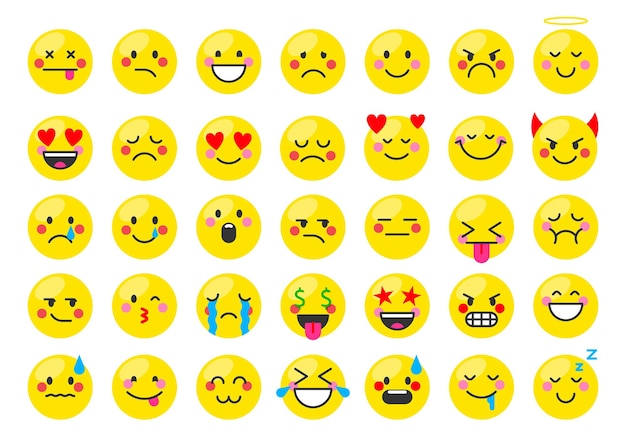 Emoji cara emoticon estado de ánimo web insignia amarillo conjunto plano. emociones alegres y tristes del sitio web de mensajería de la red social. expresión de tristeza alegría ira amor linda forma redonda pegatina de chat aislada en blanco