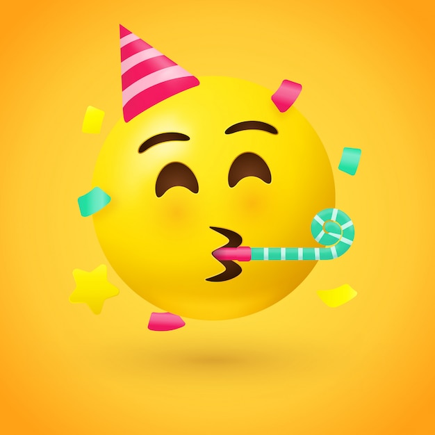 Vector emoji cara de fiesta - emoticono con sombrero tocando un cuerno de fiesta