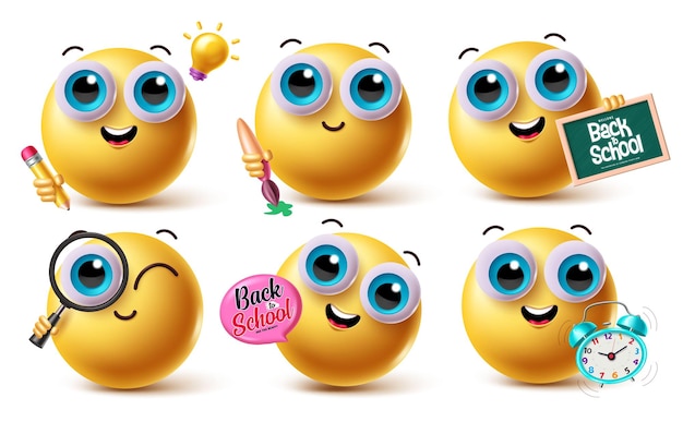Emoji clipart personajes conjunto Emojis personaje con elementos de vuelta a la escuela