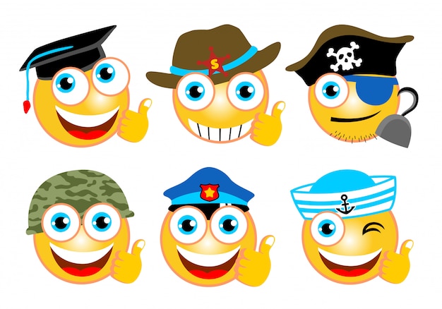 Emoji conjunto de dibujos animados con diferentes gorras.