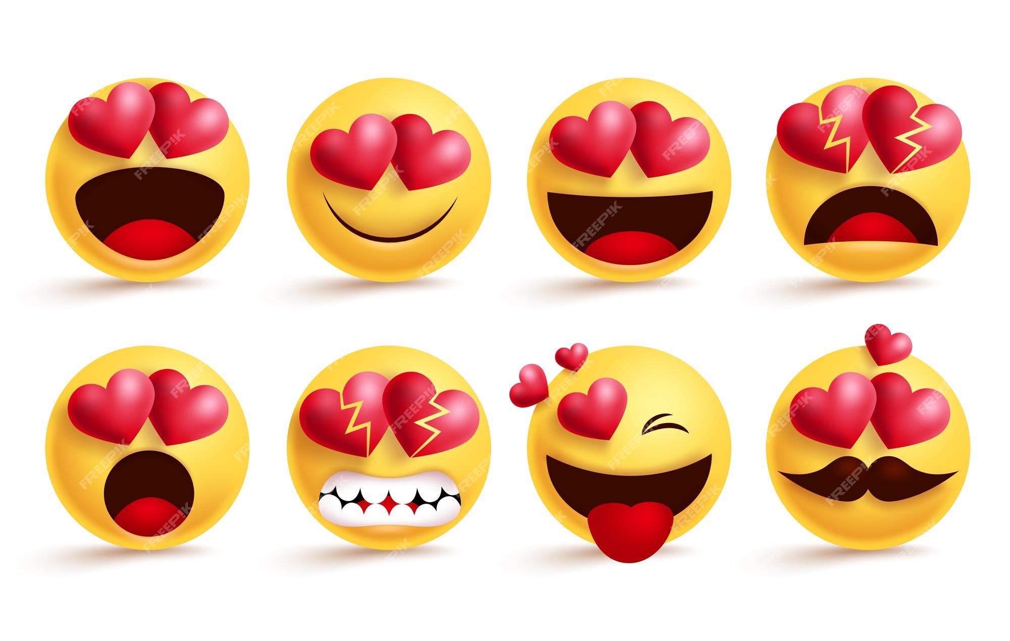 Emoji con conjunto de vectores de corazones de amor emojis y emoticon de  corazón de san valentín con enamorado roto enojado | Vector Premium