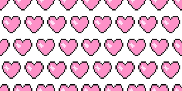 Emoji de corazón rosado Patrón vectorial de arte de píxeles Fondo blanco Textura de 8 bits vintage