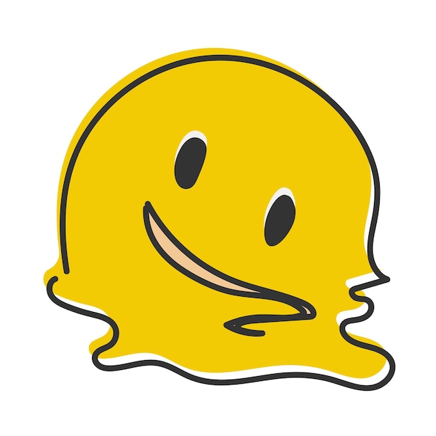 Emoji derretido Cara amarilla derretida con sonrisa agotada emoticono sonriente sobrecalentado derritiéndose en un charco Emoticono de estilo plano dibujado a mano