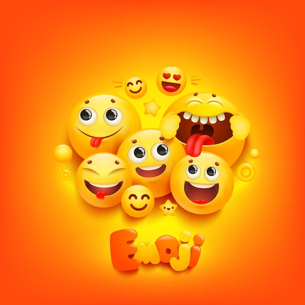 Vector emoji dibujos animados grupo sonrisa personaje sobre fondo amarillo. expresión facial.