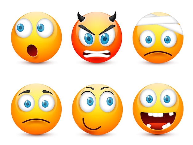 Vector emoji emoticón conjunto cara amarilla con emociones estado de ánimo expresión facial realista emoji triste feliz enojado