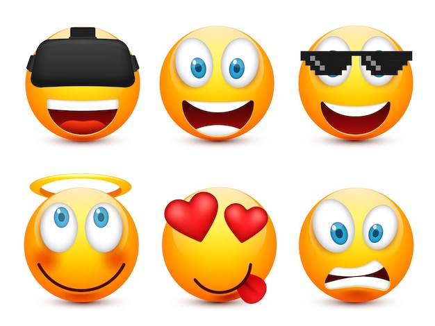 Vector emoji emoticón conjunto cara amarilla con emociones estado de ánimo expresión facial realista emoji triste feliz enojado