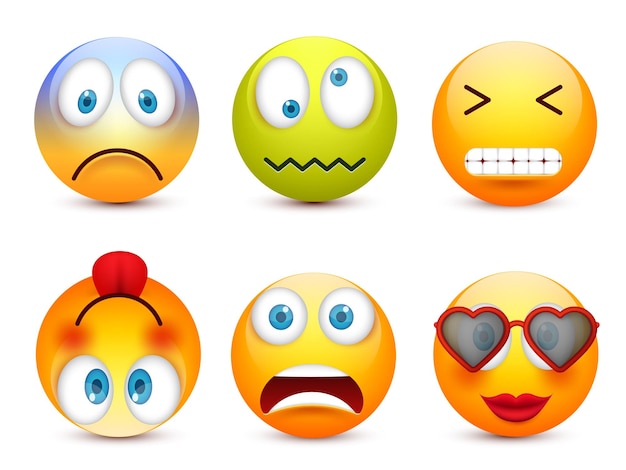 Vector emoji emoticón conjunto cara amarilla con emociones estado de ánimo expresión facial realista emoji triste feliz enojado