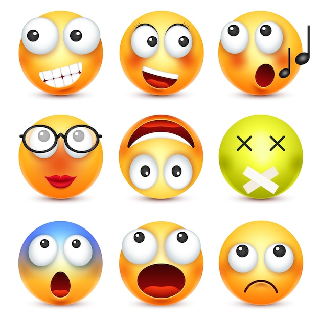 Emoji emoticon conjunto cara amarilla con emociones estado de ánimo expresión facial realista emoji triste feliz enojado