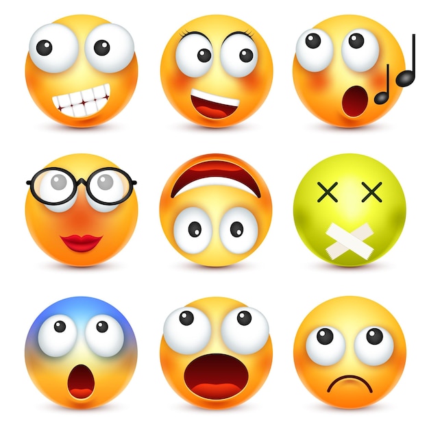 Vector emoji emoticon conjunto cara amarilla con emociones estado de ánimo expresión facial realista emoji triste feliz enojado