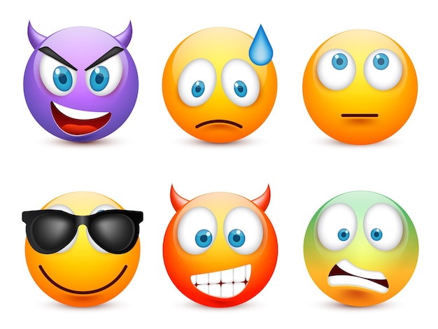 Emoji emoticon conjunto cara amarilla con emociones estado de ánimo expresión facial realista emoji triste feliz enojado