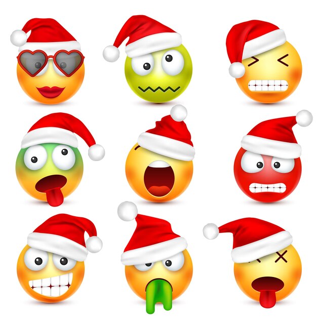 Vector emoji emoticon conjunto cara amarilla con emociones y sombrero de navidad año nuevo santa invierno emoji triste feliz