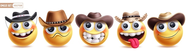 Emoji emoticon vaquero conjunto vectorial de personajes Emojis emoticon con sombrero en feliz triste gracioso
