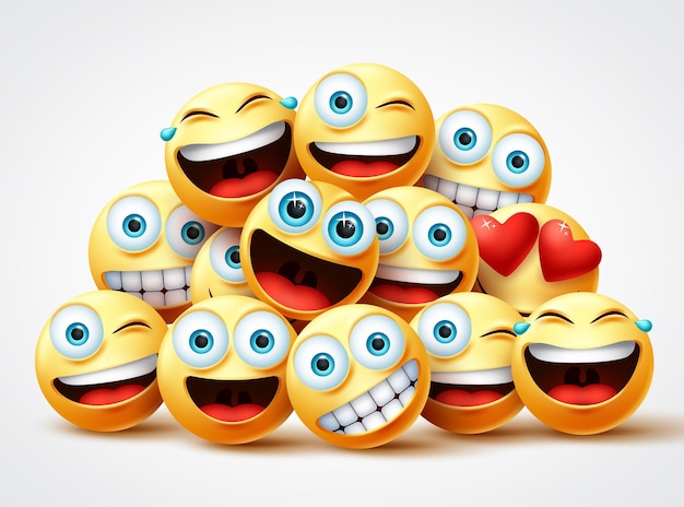 Emoji se enfrenta a un diseño vectorial de grupo. grupo de cara de círculo amarillo emojis con lindo, riendo, divertido