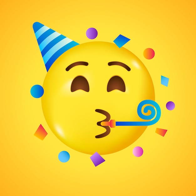 Vector emoji de fiesta. cara feliz con sombrero de cumpleaños y confeti. gran sonrisa en 3d