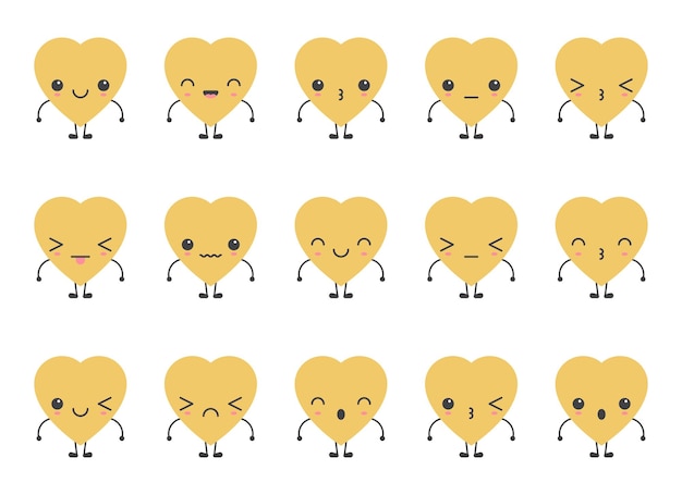 Emoji de forma de corazón de dibujos animados con colección de ilustraciones de vectores de diferentes estados de ánimo