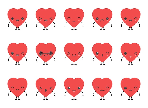 Emoji en forma de corazón de dibujos animados con diferentes colecciones de ilustraciones vectoriales de estado de ánimo