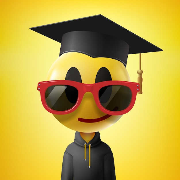 Emoji de graduación de regreso a la escuela Cara sonriente con sombrero de graduación y gafas de sol Ilustración vectorial