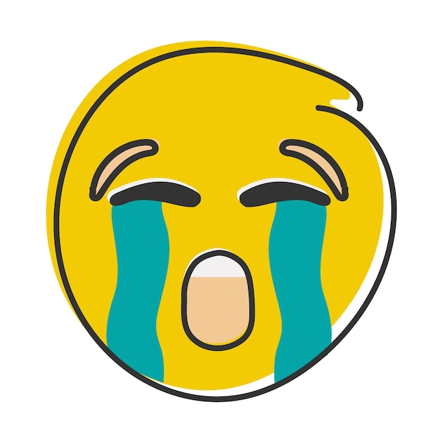 Emoji llorando fuerte Emoticon amarillo con chorros de lágrimas Emoticono de estilo plano dibujado a mano