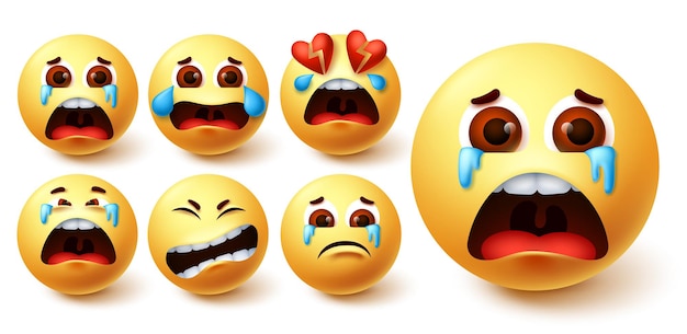 Emoji llorando en lágrimas conjunto de vectores Emoji llorando con expresión facial triste y con el corazón roto