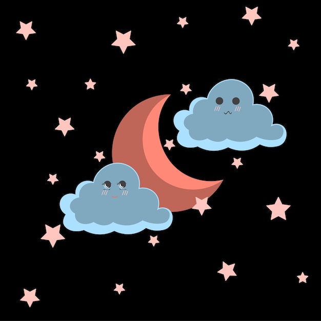 Vector un emoji de nube lindo sonrojando por la noche con la luna colorida