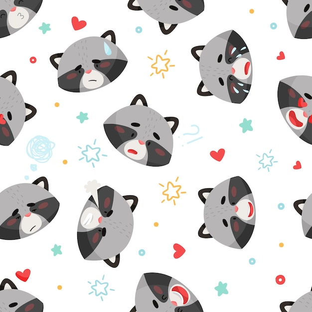 Emoji patrón sin costuras de mapaches con diferentes emociones Dibujado en estilo de dibujos animados
