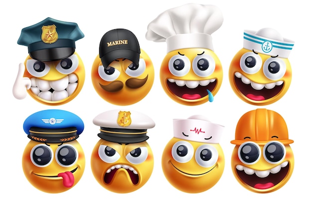 Emoji personajes de profesión conjunto vectorial Emojis personaje de trabajo como policía marino chef marinero