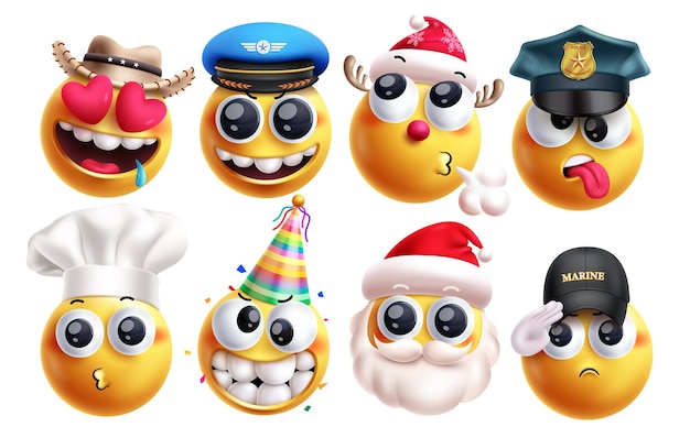 Emoji personajes de trabajo conjunto vectorial Emojis personaje de carrera como cowboy piloto renos chef de policía