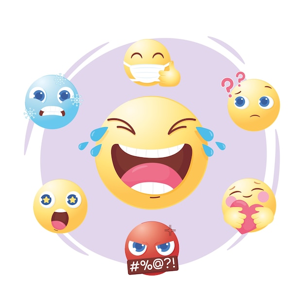 Los emoji de las redes sociales establecen diferentes ilustraciones de expresión de humor y emoción