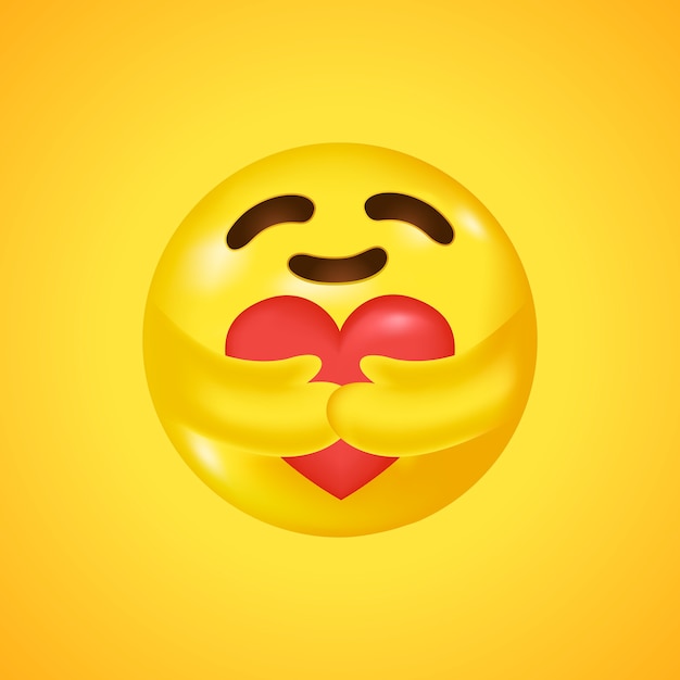 Emoji de Social Media Care abrazando un corazón. Símbolo de cuidado y apoyo. Gran sonrisa en 3D. .