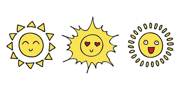 Emoji de sol feliz dibujado a mano Conjunto de garabatos de verano Elementos vectoriales para el diseño