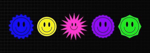 Emoji sonrientes brillantes de diferentes formas y2k elementos de diseño coloridos en vector