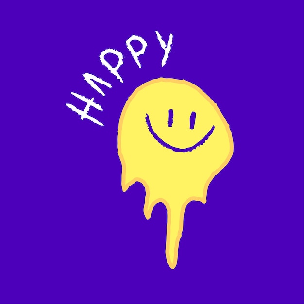 Emoji de sonrisa derretida con dibujos animados de tipografía feliz, ilustración para camiseta, pegatina.