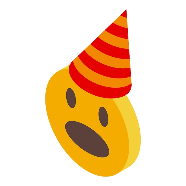 Emoji sorprendido con sombrero de cumpleaños Ilustración vectorial isométrica